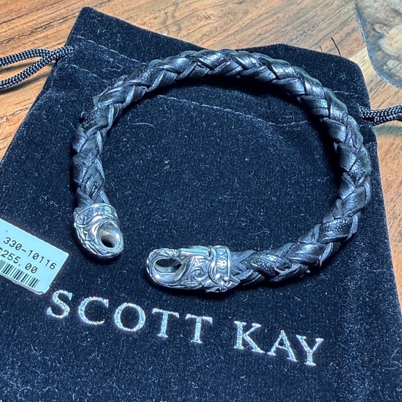 SCOTT KAY Equestrian Classic Woven Leather Bracelet with S.S .925. SIZE 8.5in - Picture 2 of 10